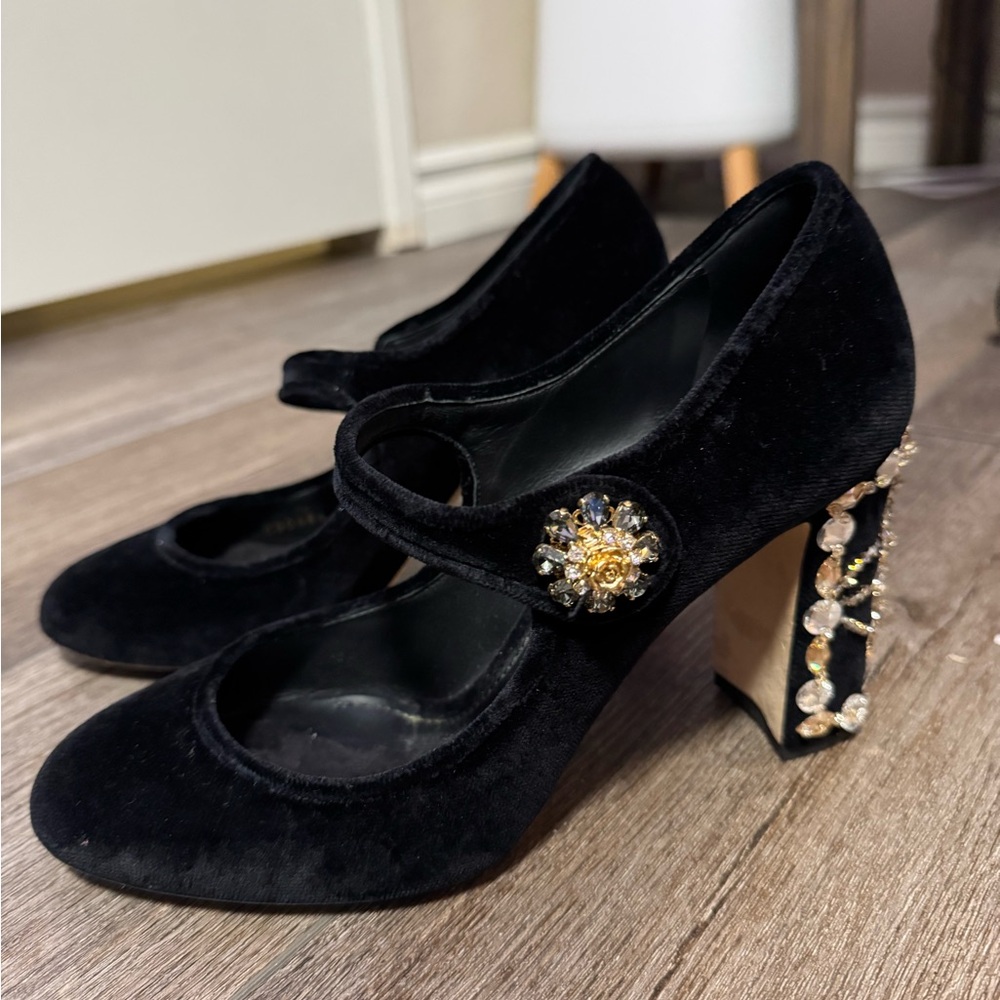 Dolce & Gabbana black velvet Mary Jane crystal embellished pumps